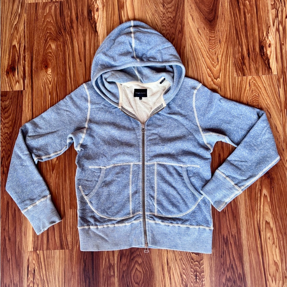 Wings + Horns Terry Cotton Blue Heather Zip Hoodie with Cream Lining